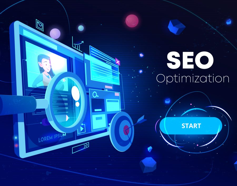 Seo optimization banner, marketing business technology, monitor with data analysis platform on screen, website research, neon glowing futuristic background. Cartoon vector illustration, landing page